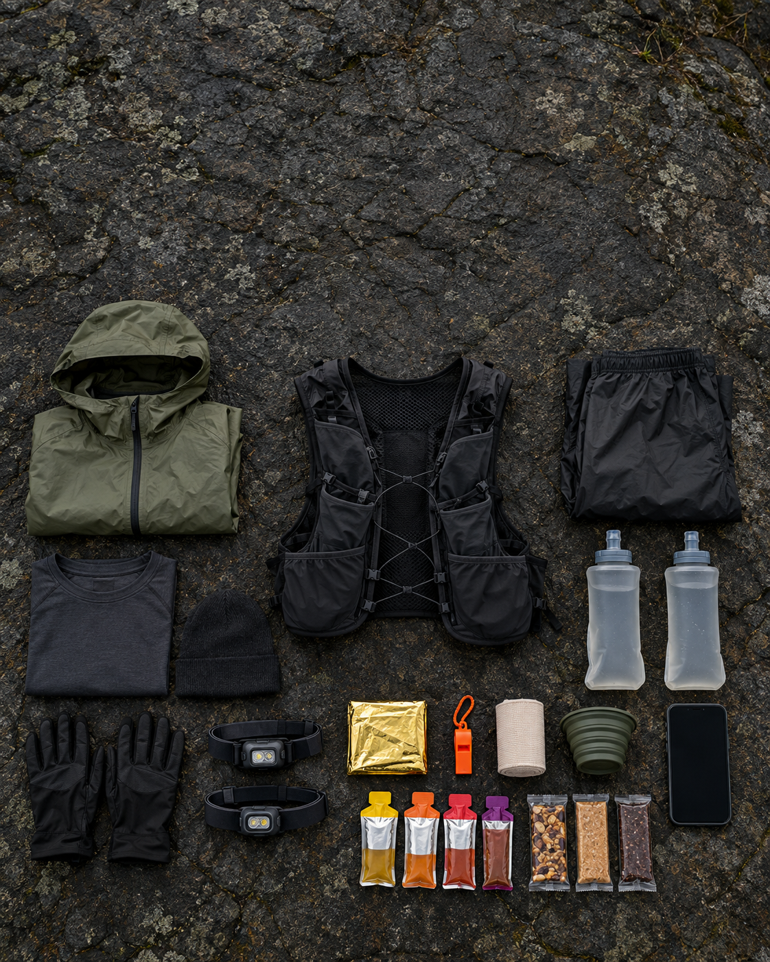 Kit obrigatório de ultramaratona arrumado sobre a pedra, com colete, casaco, lanternas, manta térmica e garrafas